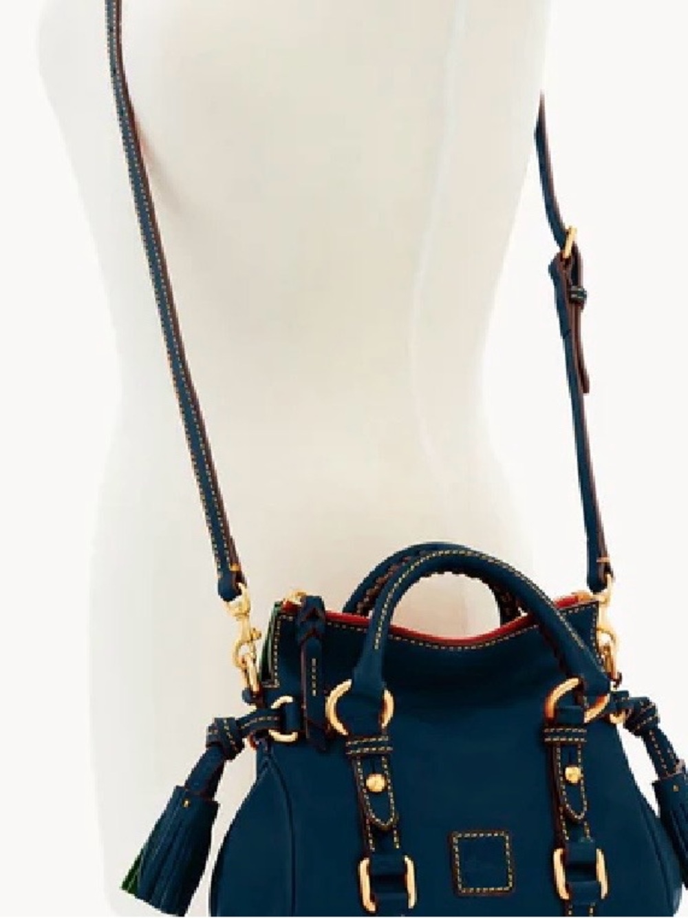 Dooney & Bourke Navy Leather Satchel with Red Trim & Gold Hardware